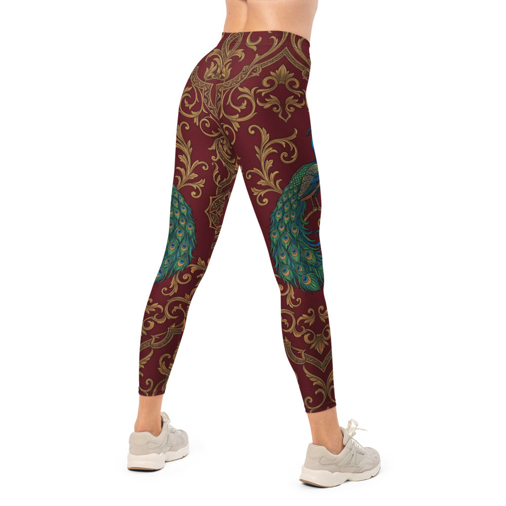 Personalisierte Damen Sportleggings Pfau Muster Barock Design Weinrot Gold Fitness Yoga Leggings W369