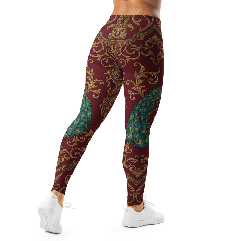 Personalisierte Damen Sportleggings Pfau Muster Barock Design Weinrot Gold Fitness Yoga Leggings W369