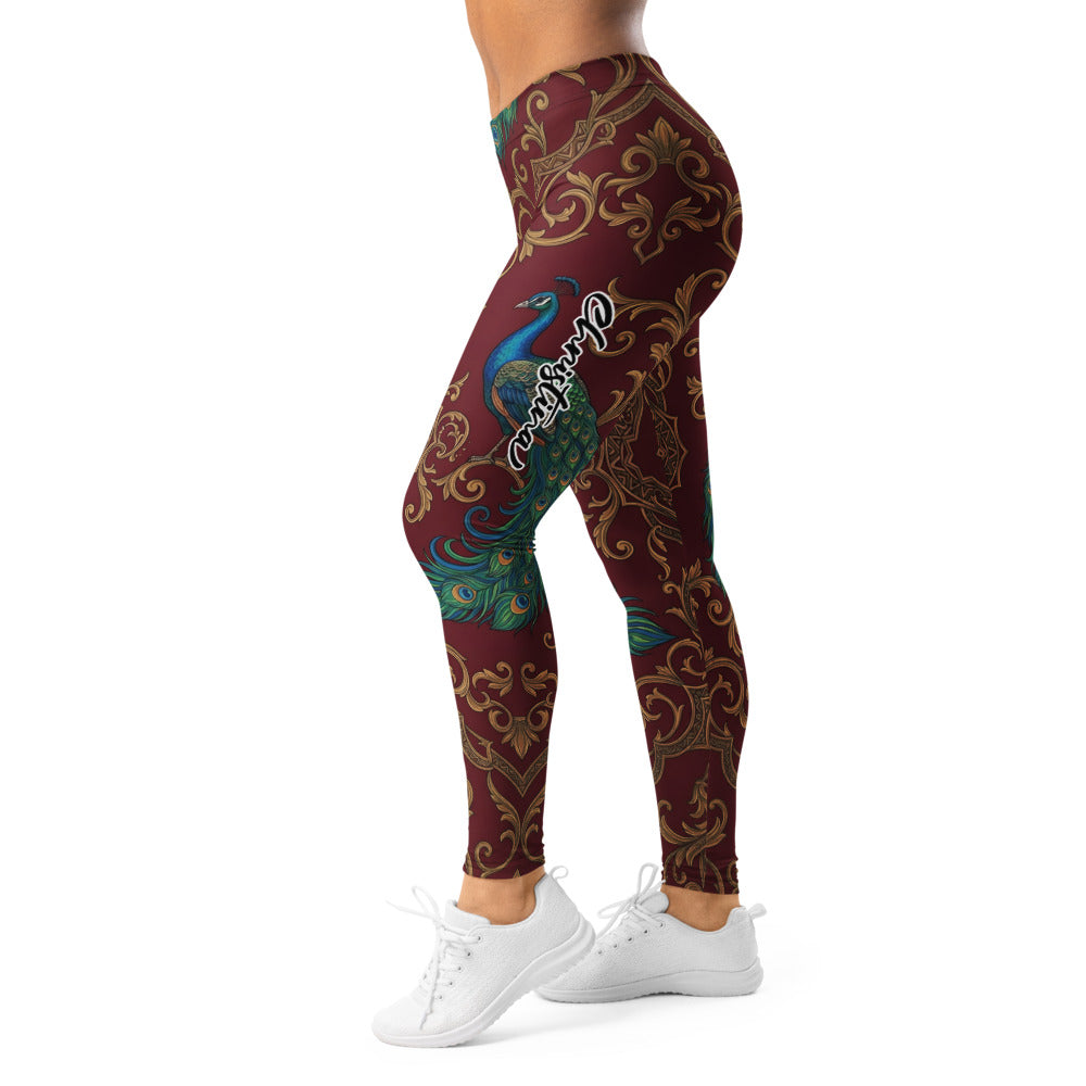 Personalisierte Damen Sportleggings Pfau Muster Barock Design Weinrot Gold Fitness Yoga Leggings W369