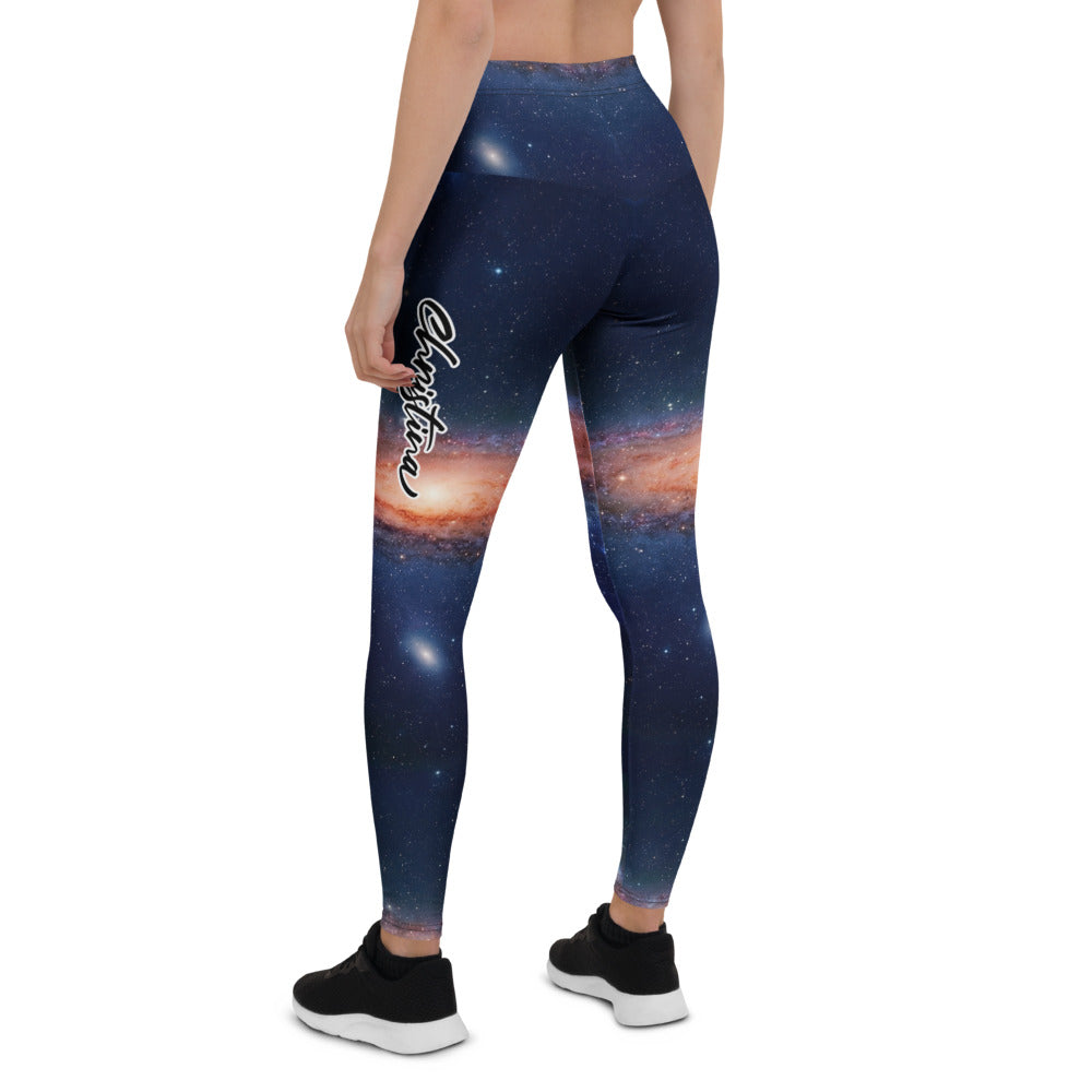 Personalisierte Damen Sportleggings Galaxy Weltraum Print Blau Schwarz Fitnesshose Yoga Leggings F322