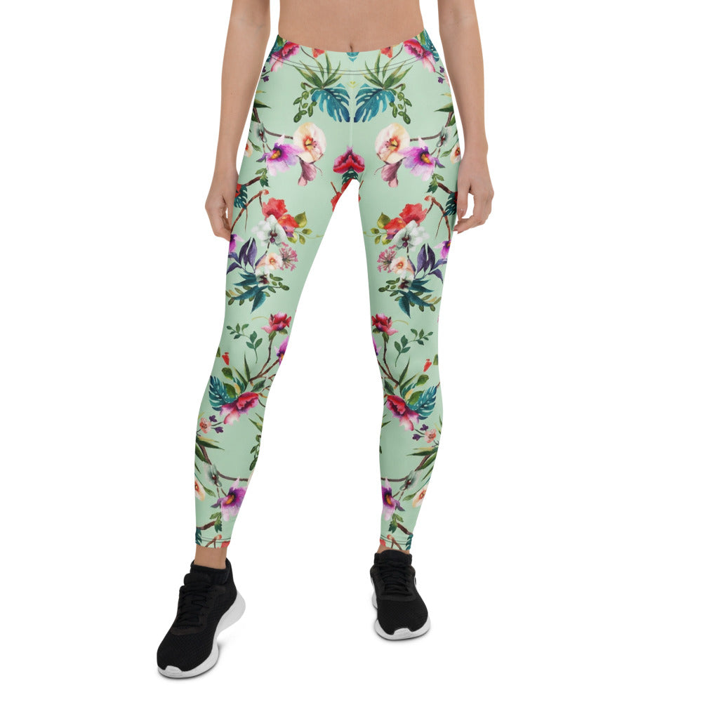 Personalisierte Damen Sportleggings Tropisches Blumenmuster Mintgrün Fitness Yoga Leggings Bunt U614