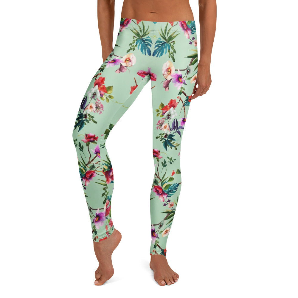 Personalisierte Damen Sportleggings Tropisches Blumenmuster Mintgrün Fitness Yoga Leggings Bunt U614