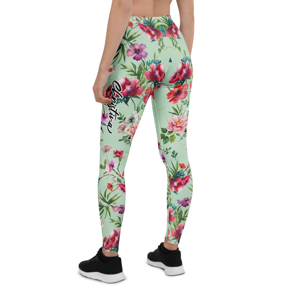 Personalisierte Damen Sportleggings Tropisches Blumenmuster Mintgrün Fitness Yoga Leggings Bunt U614