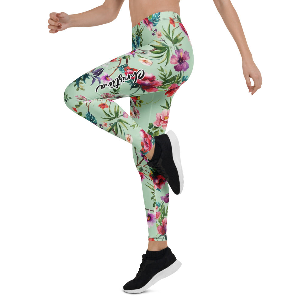 Personalisierte Damen Sportleggings Tropisches Blumenmuster Mintgrün Fitness Yoga Leggings Bunt U614