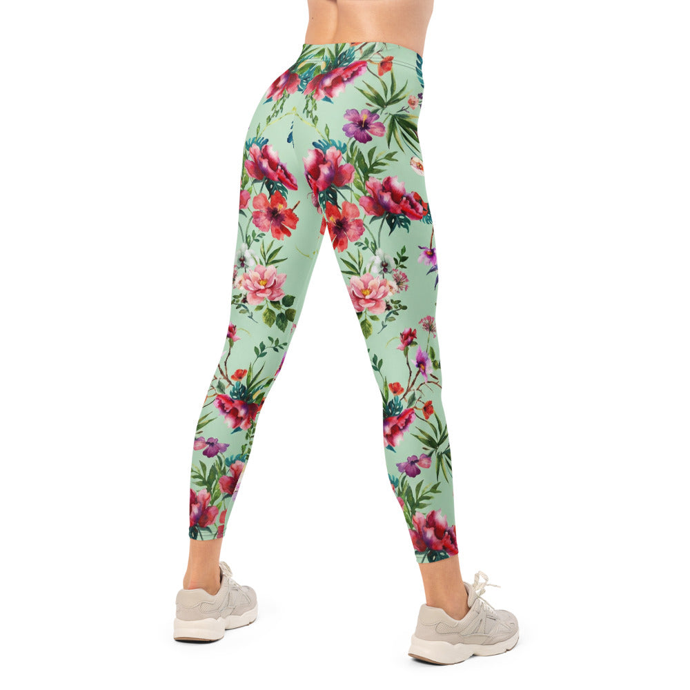 Personalisierte Damen Sportleggings Tropisches Blumenmuster Mintgrün Fitness Yoga Leggings Bunt U614