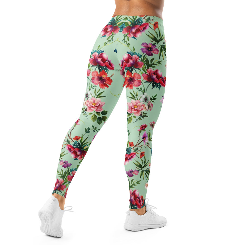 Personalisierte Damen Sportleggings Tropisches Blumenmuster Mintgrün Fitness Yoga Leggings Bunt U614