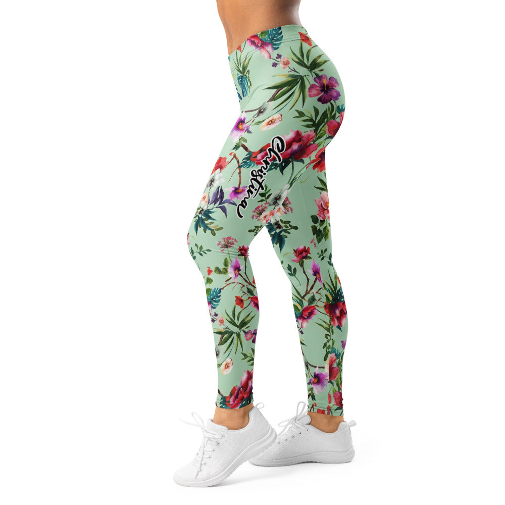 Personalisierte Damen Sportleggings Tropisches Blumenmuster Mintgrün Fitness Yoga Leggings Bunt U614