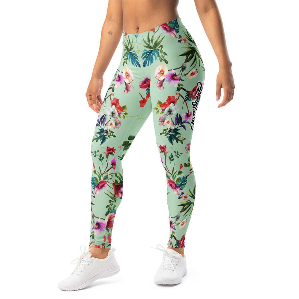 Personalisierte Damen Sportleggings Tropisches Blumenmuster Mintgrün Fitness Yoga Leggings Bunt U614