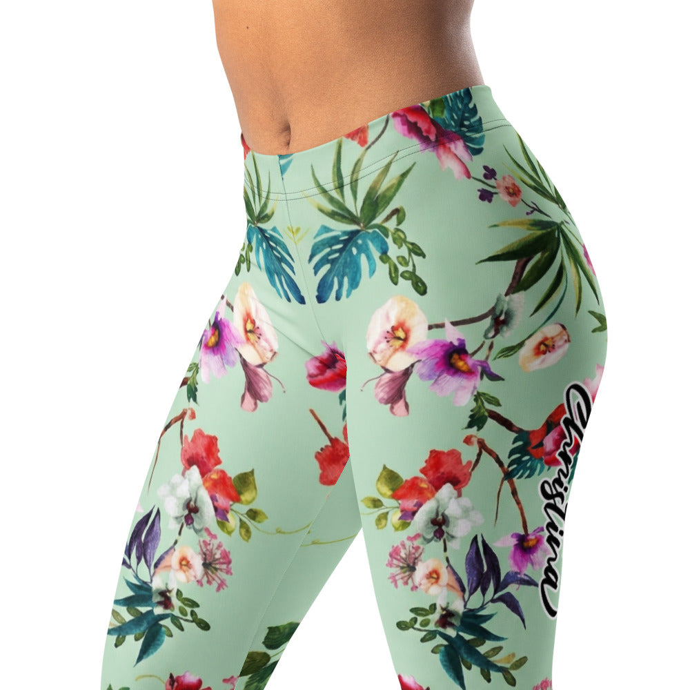 Personalisierte Damen Sportleggings Tropisches Blumenmuster Mintgrün Fitness Yoga Leggings Bunt U614