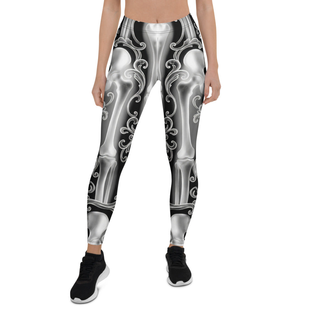 Personalisierte Damen Sportleggings Skelett Design Schwarz Weiß Fitness Leggings Barock Ornamente N127
