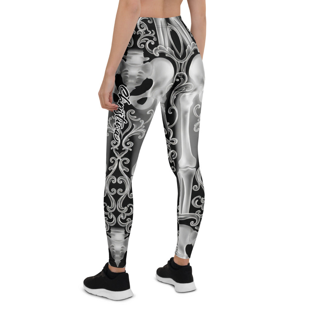 Personalisierte Damen Sportleggings Skelett Design Schwarz Weiß Fitness Leggings Barock Ornamente N127
