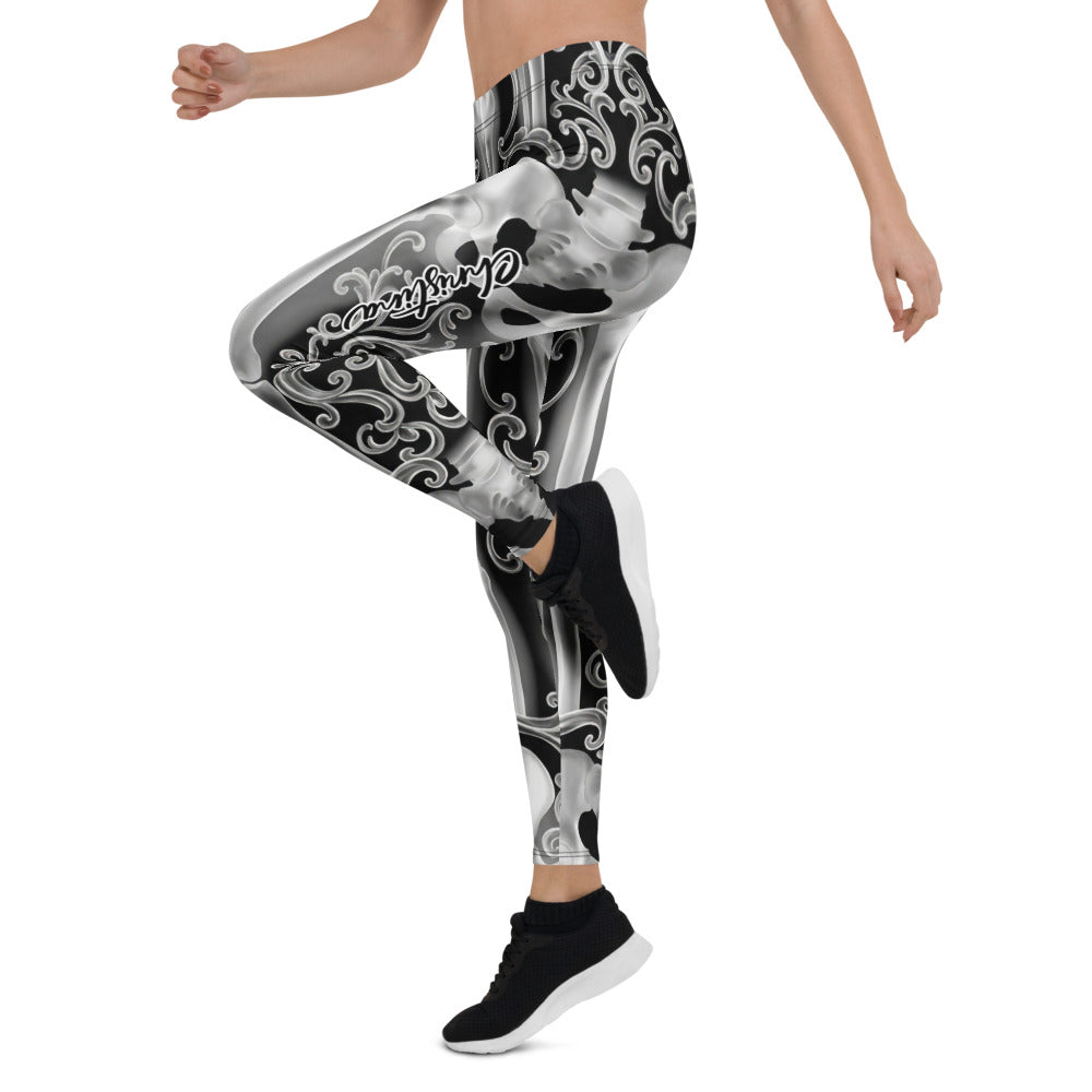 Personalisierte Damen Sportleggings Skelett Design Schwarz Weiß Fitness Leggings Barock Ornamente N127