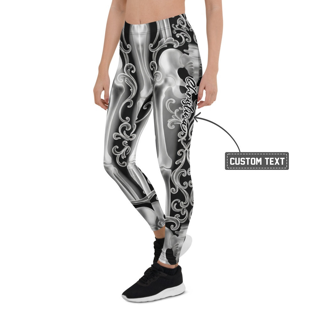 Personalisierte Damen Sportleggings Skelett Design Schwarz Weiß Fitness Leggings Barock Ornamente N127 - XL