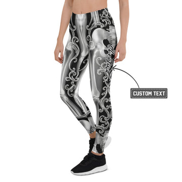 Personalisierte Damen Sportleggings Skelett Design Schwarz Weiß Fitness Leggings Barock Ornamente N127 - XL