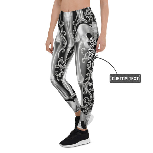 Personalisierte Damen Sportleggings Skelett Design Schwarz Weiß Fitness Leggings Barock Ornamente N127 - XL