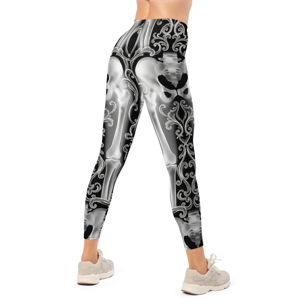 Personalisierte Damen Sportleggings Skelett Design Schwarz Weiß Fitness Leggings Barock Ornamente N127
