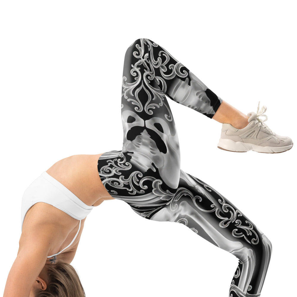 Personalisierte Damen Sportleggings Skelett Design Schwarz Weiß Fitness Leggings Barock Ornamente N127