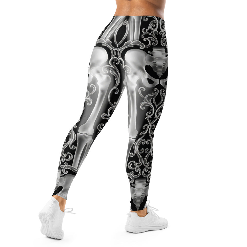 Personalisierte Damen Sportleggings Skelett Design Schwarz Weiß Fitness Leggings Barock Ornamente N127