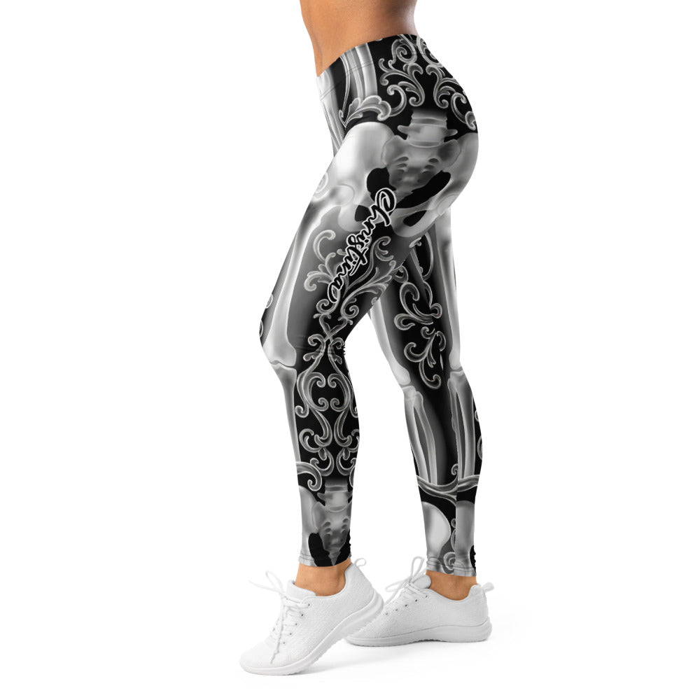 Personalisierte Damen Sportleggings Skelett Design Schwarz Weiß Fitness Leggings Barock Ornamente N127