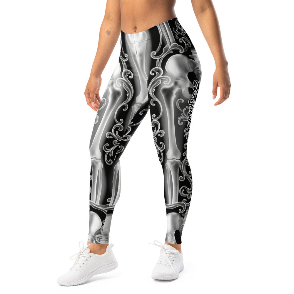 Personalisierte Damen Sportleggings Skelett Design Schwarz Weiß Fitness Leggings Barock Ornamente N127