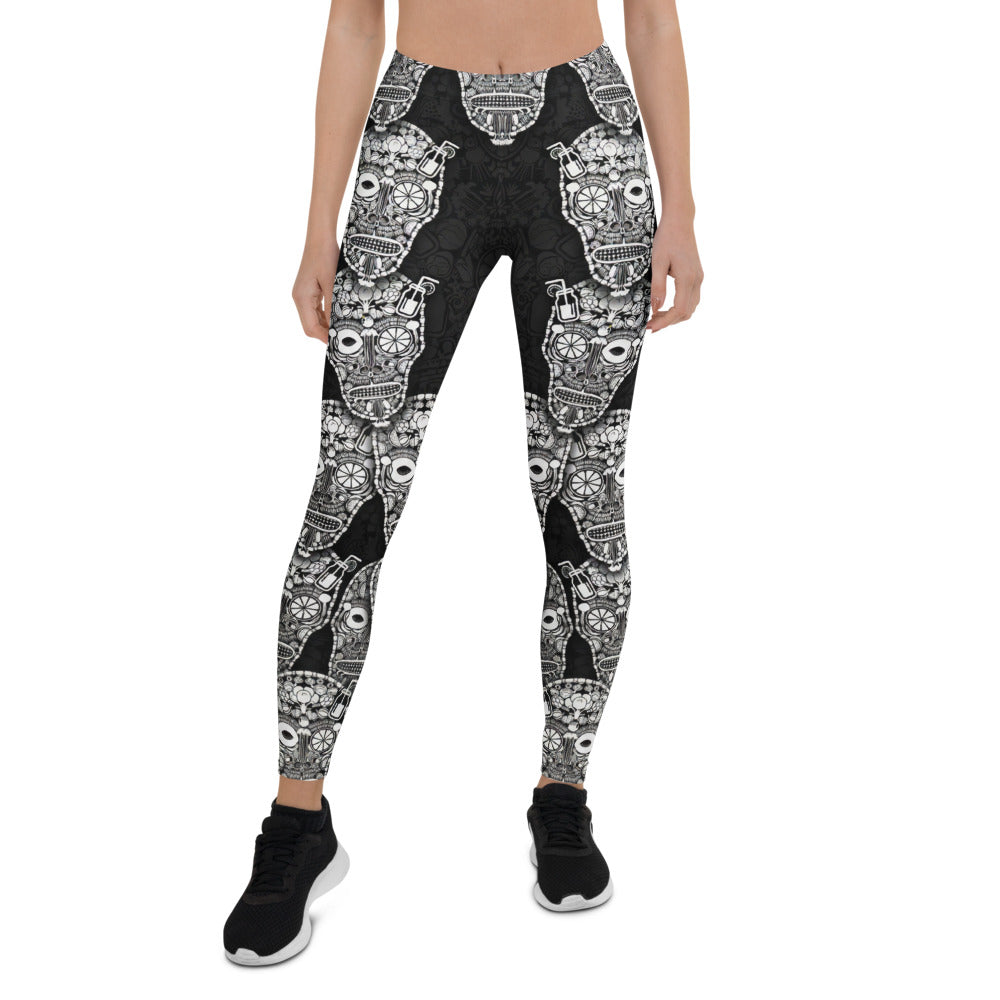 Personalisierte Damen Sportleggings Totenkopf Design Schwarz Weiß Fitness Yoga Leggings T777