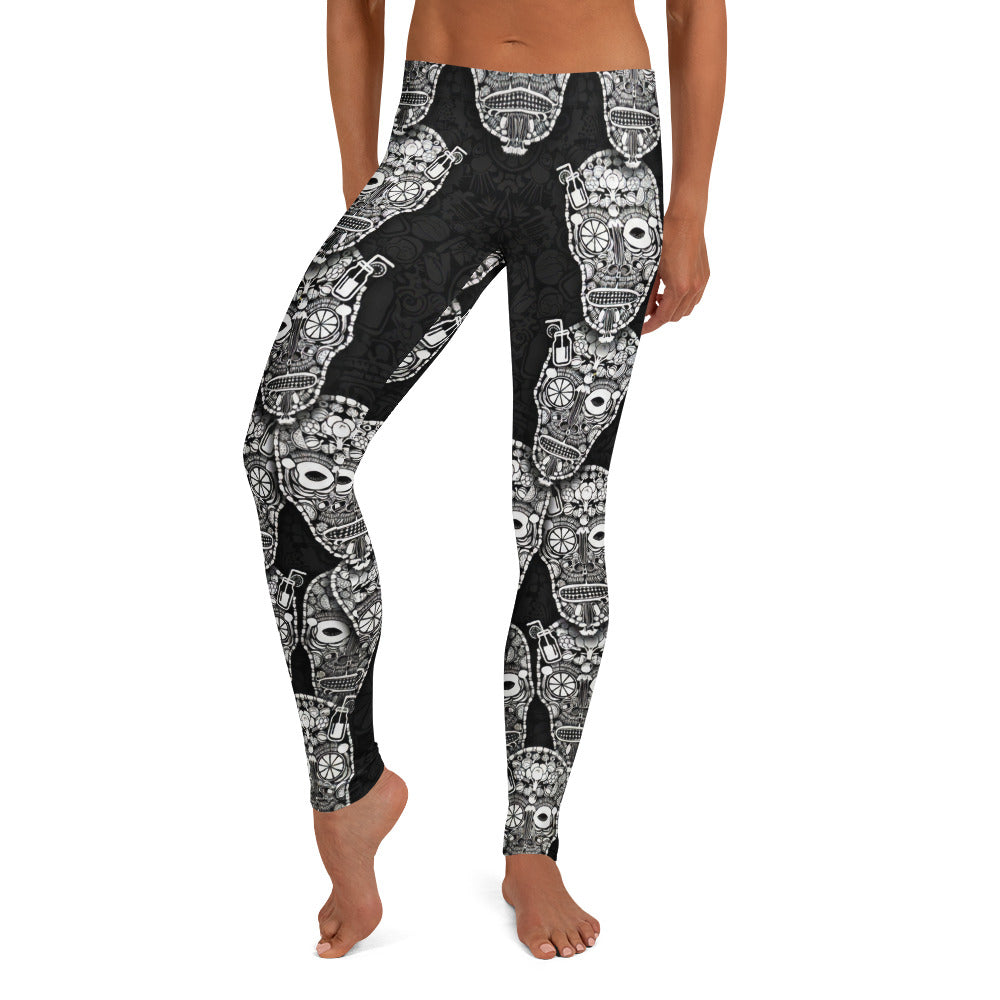 Personalisierte Damen Sportleggings Totenkopf Design Schwarz Weiß Fitness Yoga Leggings T777