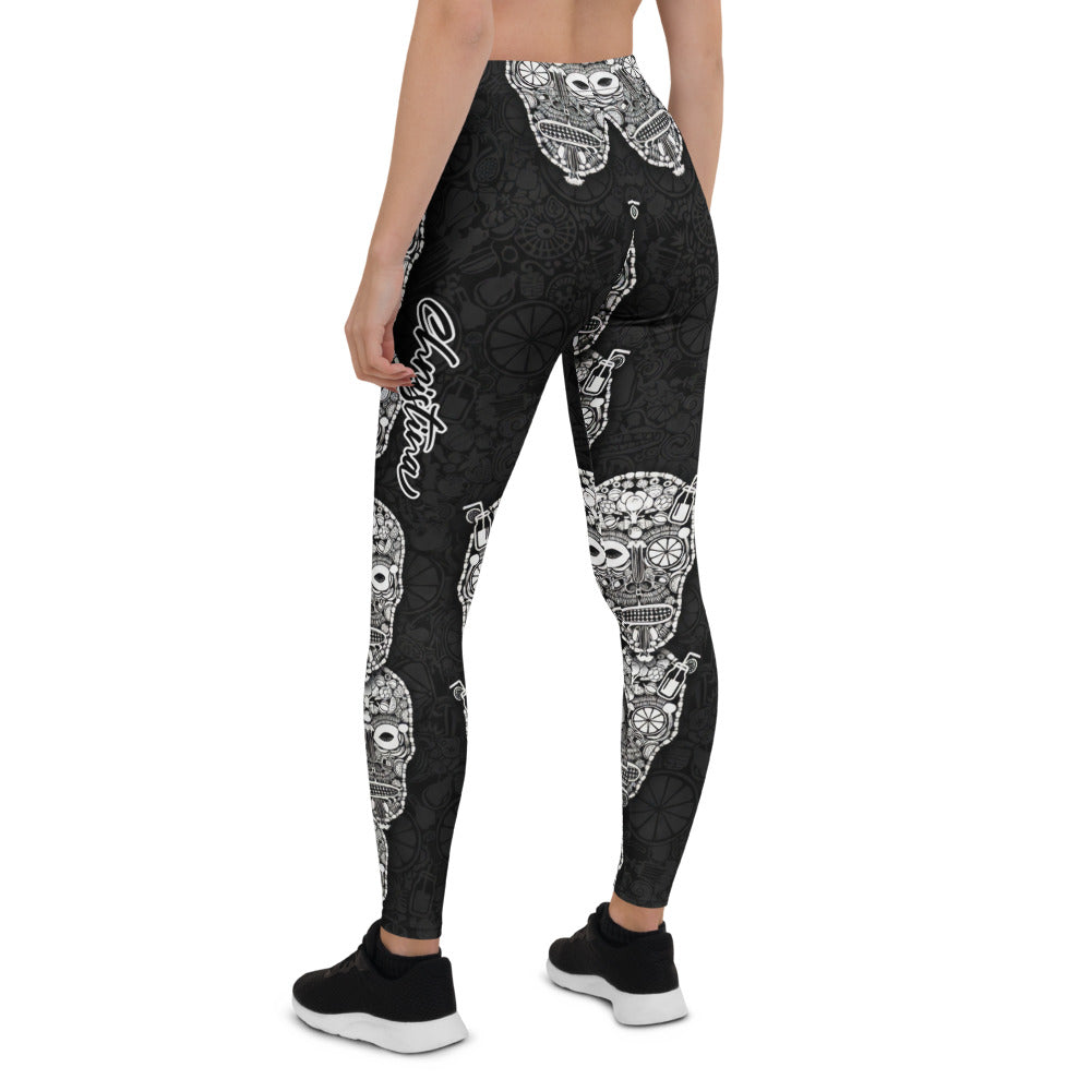 Personalisierte Damen Sportleggings Totenkopf Design Schwarz Weiß Fitness Yoga Leggings T777