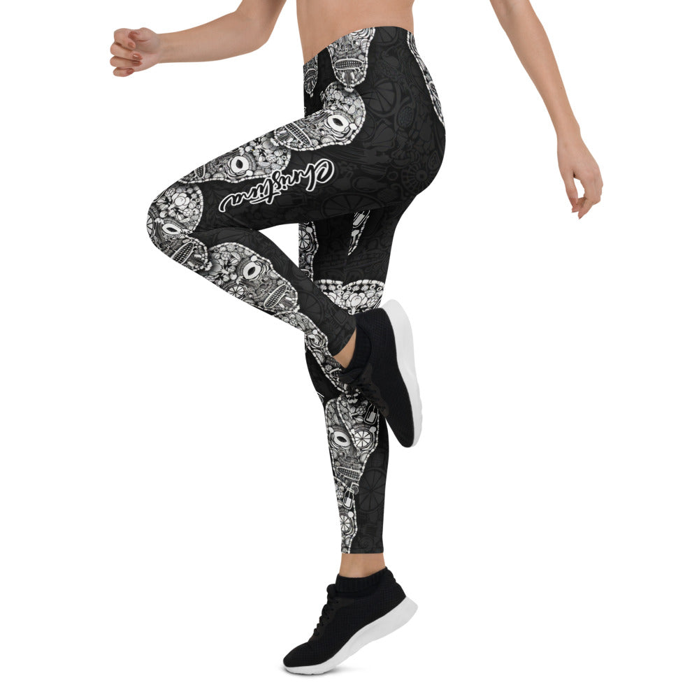 Personalisierte Damen Sportleggings Totenkopf Design Schwarz Weiß Fitness Yoga Leggings T777