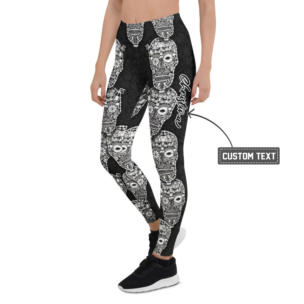 Personalisierte Damen Sportleggings Totenkopf Design Schwarz Weiß Fitness Yoga Leggings T777 - XL