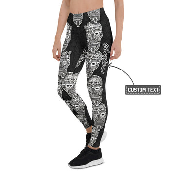 Personalisierte Damen Sportleggings Totenkopf Design Schwarz Weiß Fitness Yoga Leggings T777 - XL
