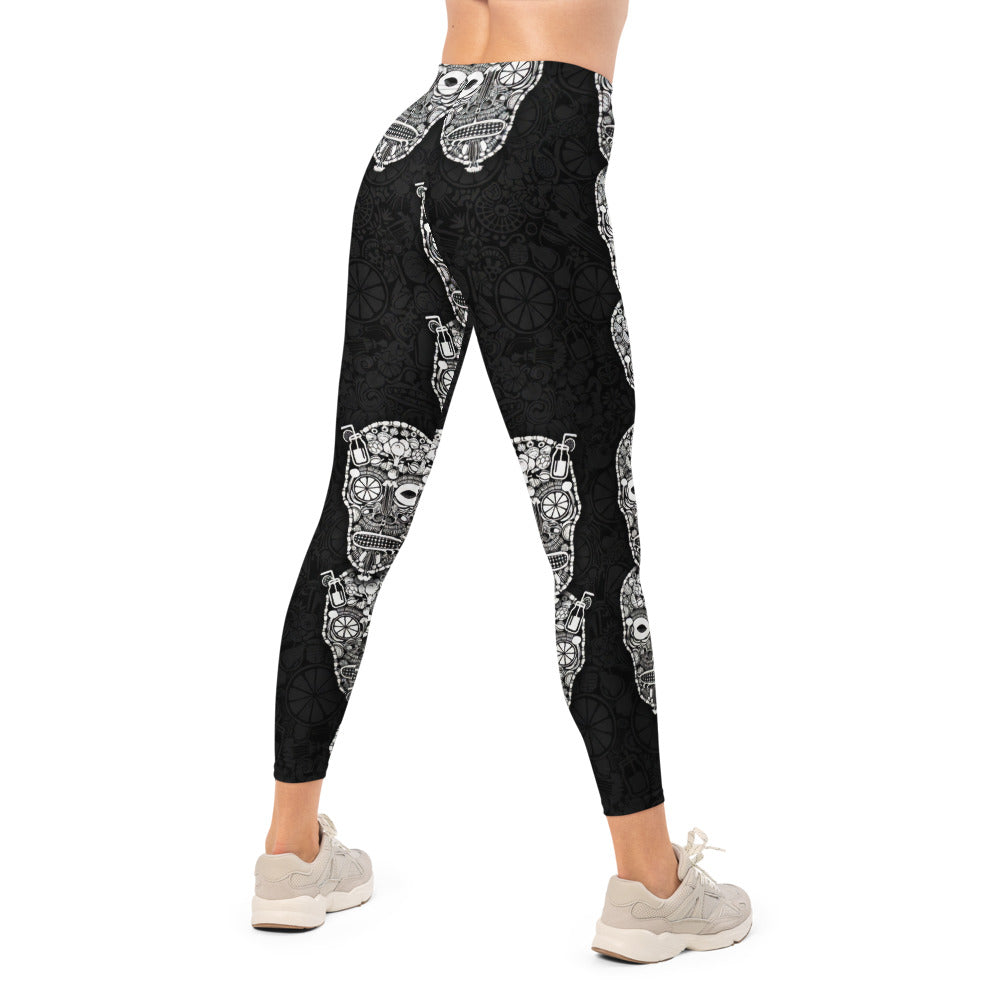 Personalisierte Damen Sportleggings Totenkopf Design Schwarz Weiß Fitness Yoga Leggings T777