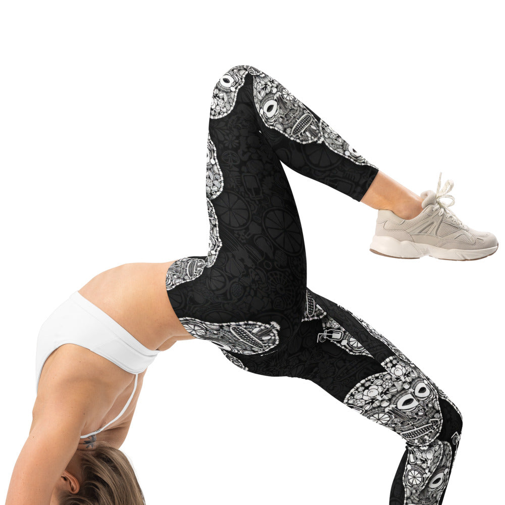 Personalisierte Damen Sportleggings Totenkopf Design Schwarz Weiß Fitness Yoga Leggings T777