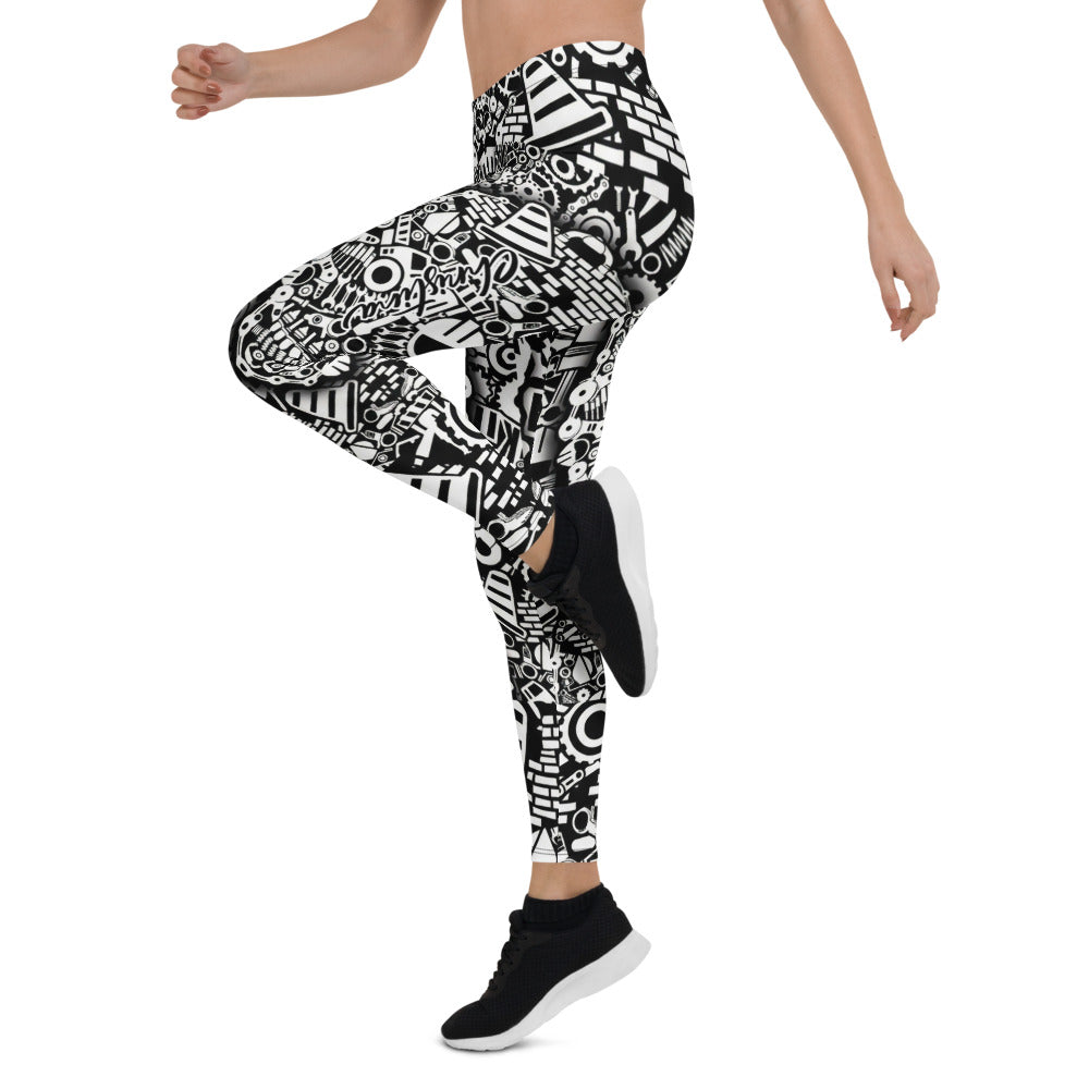 Personalisierte Damen Sportleggings Schwarz Weiß Urban Graffiti Muster Fitness Yoga Leggings K694