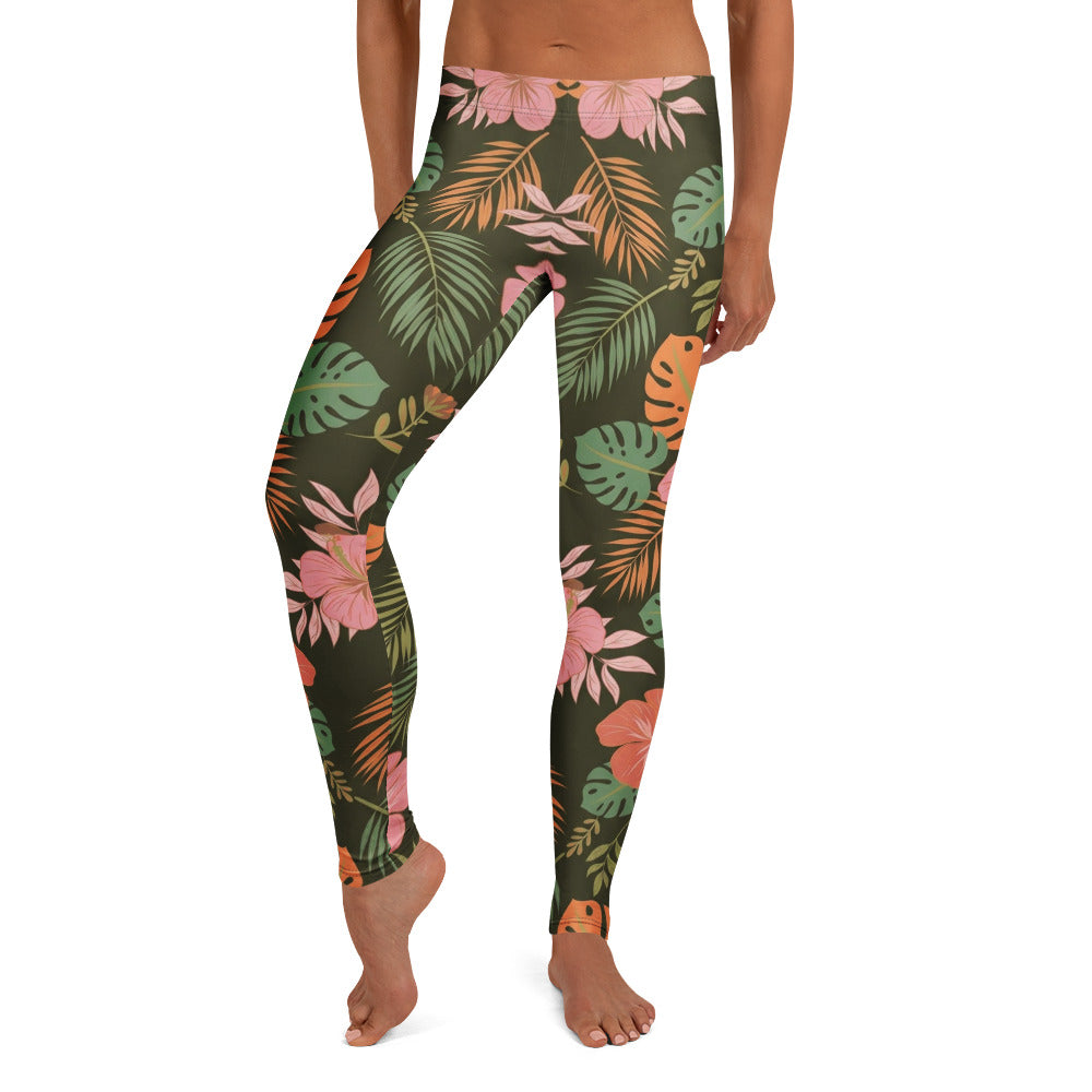 Personalisierte Damen Sportleggings Tropisches Muster Dunkelgrün Rosa Fitness Yoga Leggings Palmblätter C206