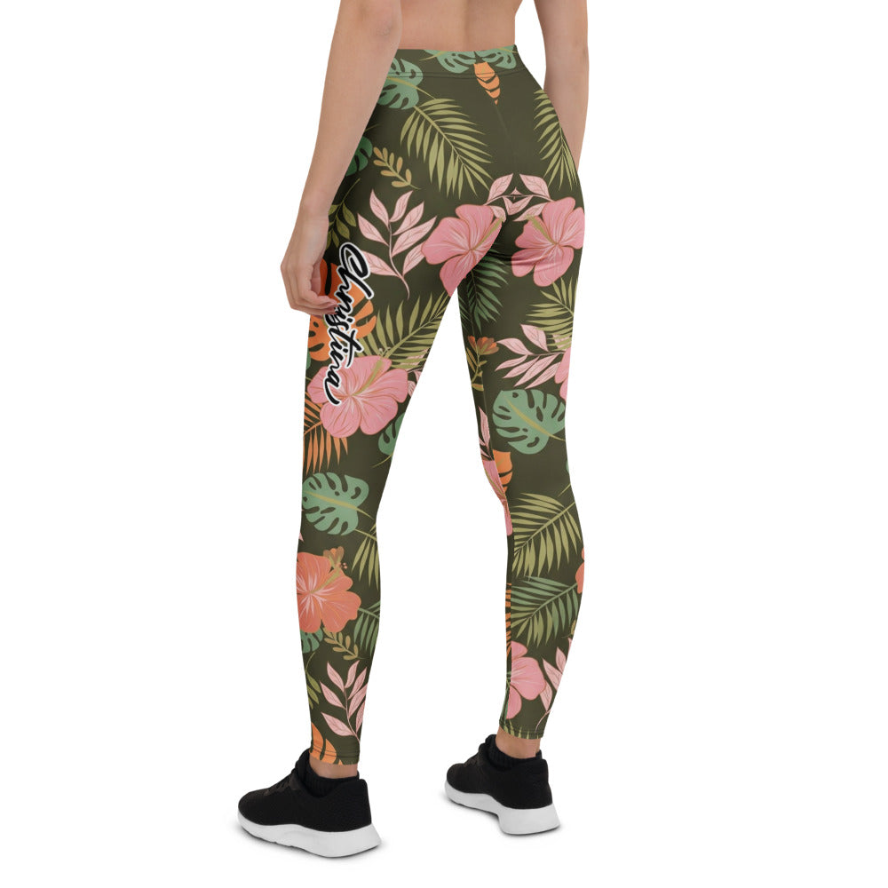 Personalisierte Damen Sportleggings Tropisches Muster Dunkelgrün Rosa Fitness Yoga Leggings Palmblätter C206