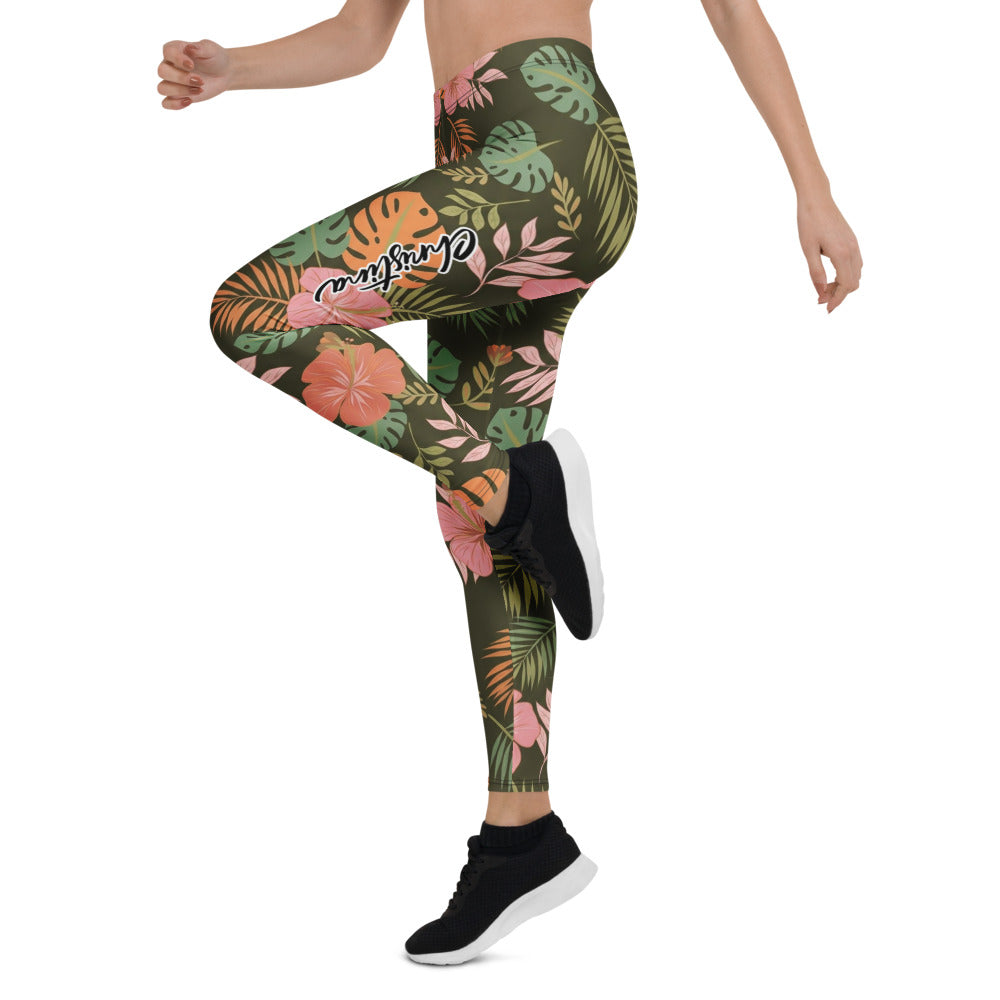 Personalisierte Damen Sportleggings Tropisches Muster Dunkelgrün Rosa Fitness Yoga Leggings Palmblätter C206