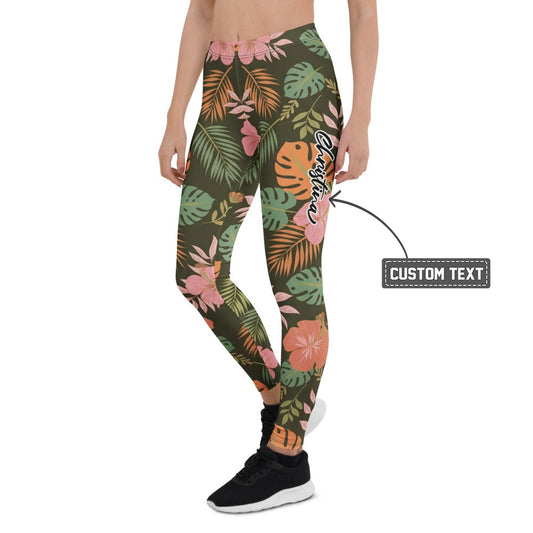 Personalisierte Damen Sportleggings Tropisches Muster Dunkelgrün Rosa Fitness Yoga Leggings Palmblätter C206 - XL