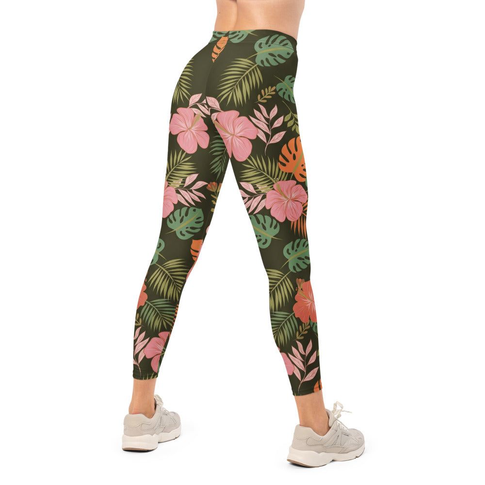 Personalisierte Damen Sportleggings Tropisches Muster Dunkelgrün Rosa Fitness Yoga Leggings Palmblätter C206