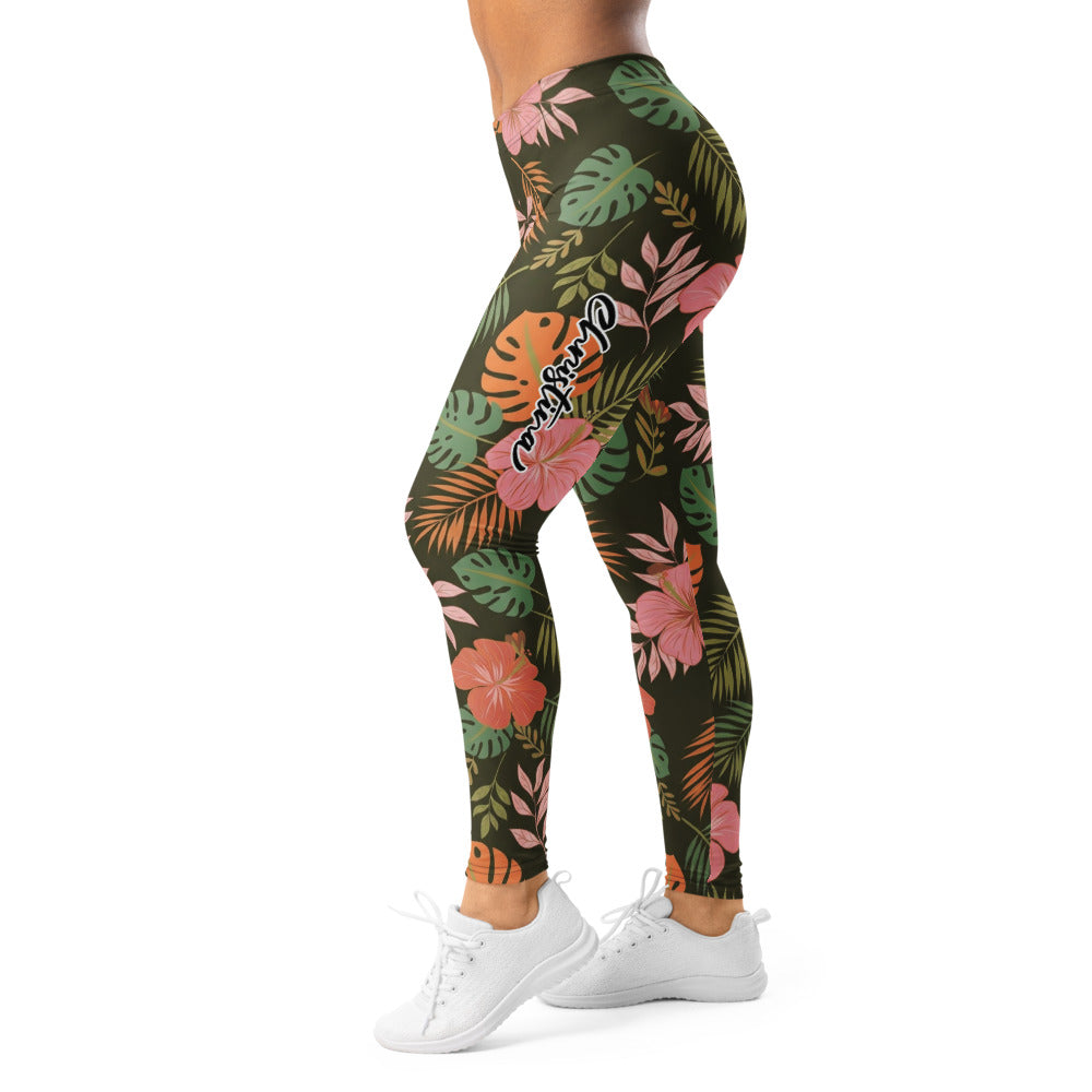 Personalisierte Damen Sportleggings Tropisches Muster Dunkelgrün Rosa Fitness Yoga Leggings Palmblätter C206