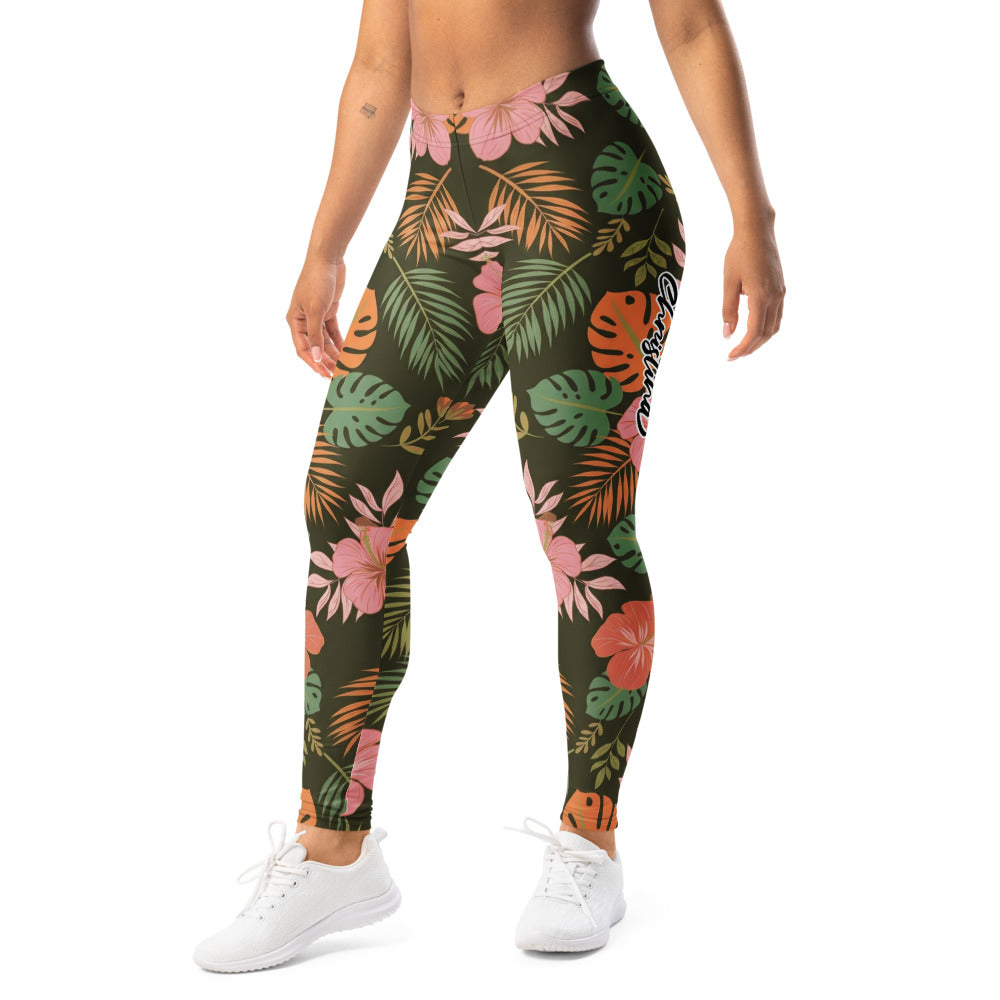 Personalisierte Damen Sportleggings Tropisches Muster Dunkelgrün Rosa Fitness Yoga Leggings Palmblätter C206