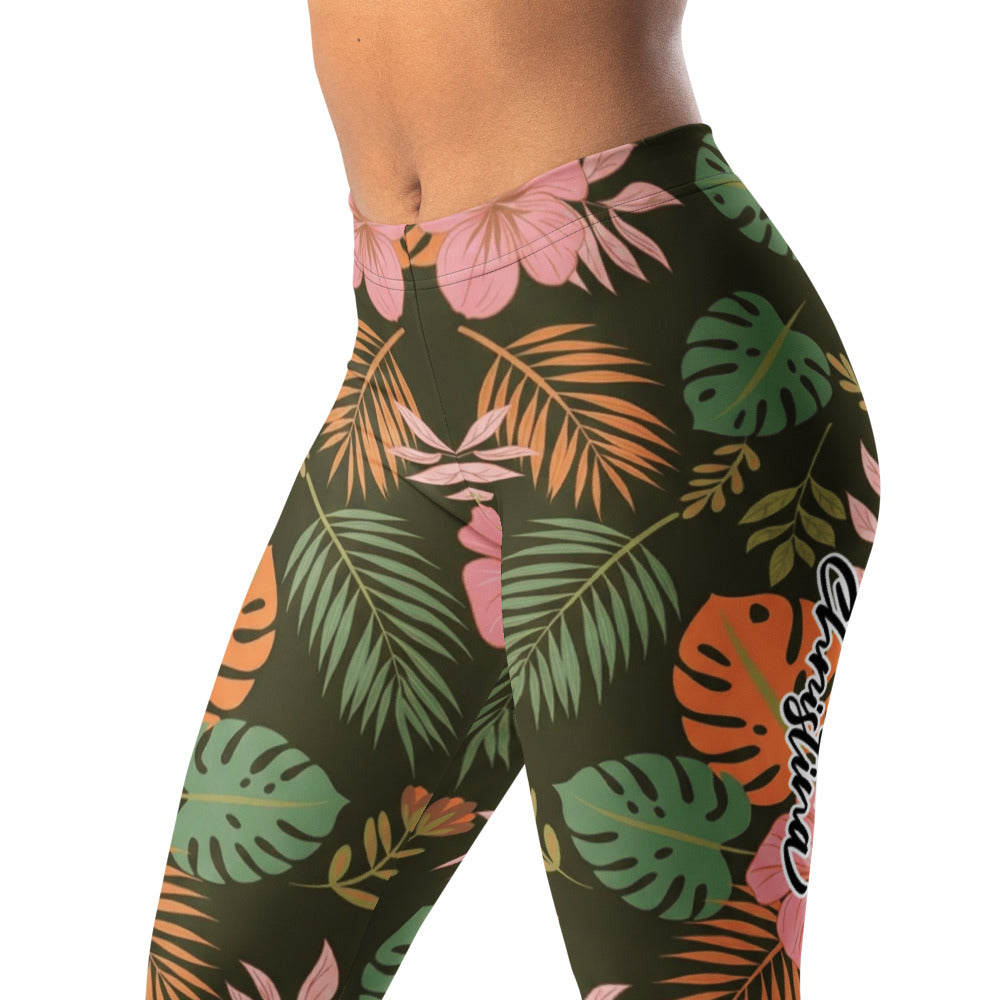 Personalisierte Damen Sportleggings Tropisches Muster Dunkelgrün Rosa Fitness Yoga Leggings Palmblätter C206