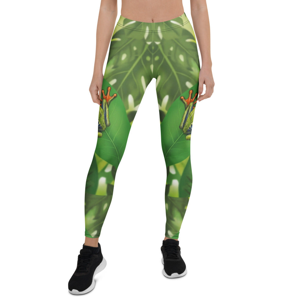 Personalisierte Sportleggings Damen Dschungel Design Grün Frosch Motiv Tropische Fitness Leggings G821