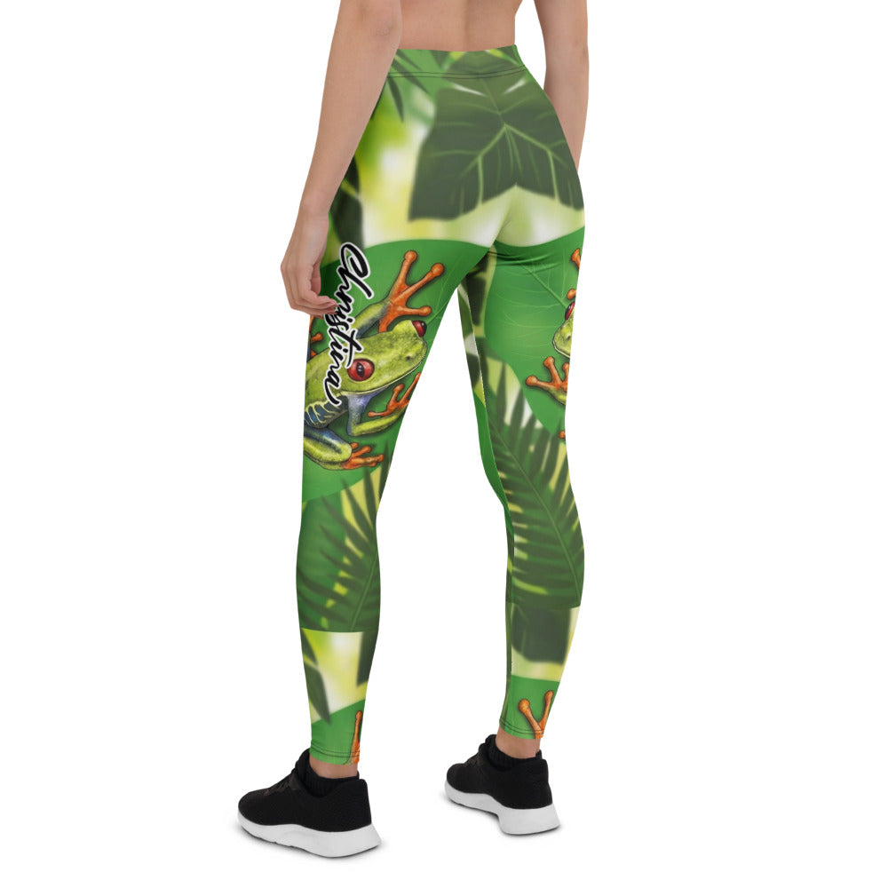 Personalisierte Sportleggings Damen Dschungel Design Grün Frosch Motiv Tropische Fitness Leggings G821