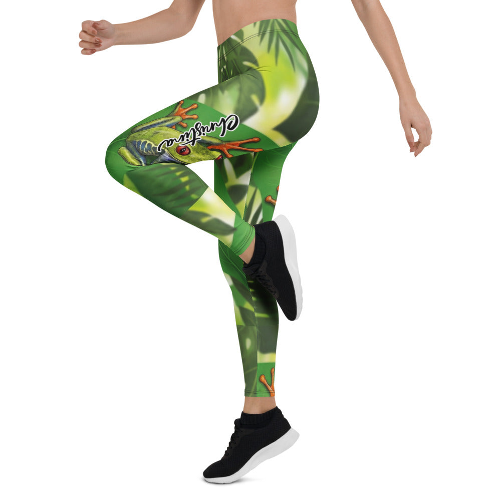 Personalisierte Sportleggings Damen Dschungel Design Grün Frosch Motiv Tropische Fitness Leggings G821