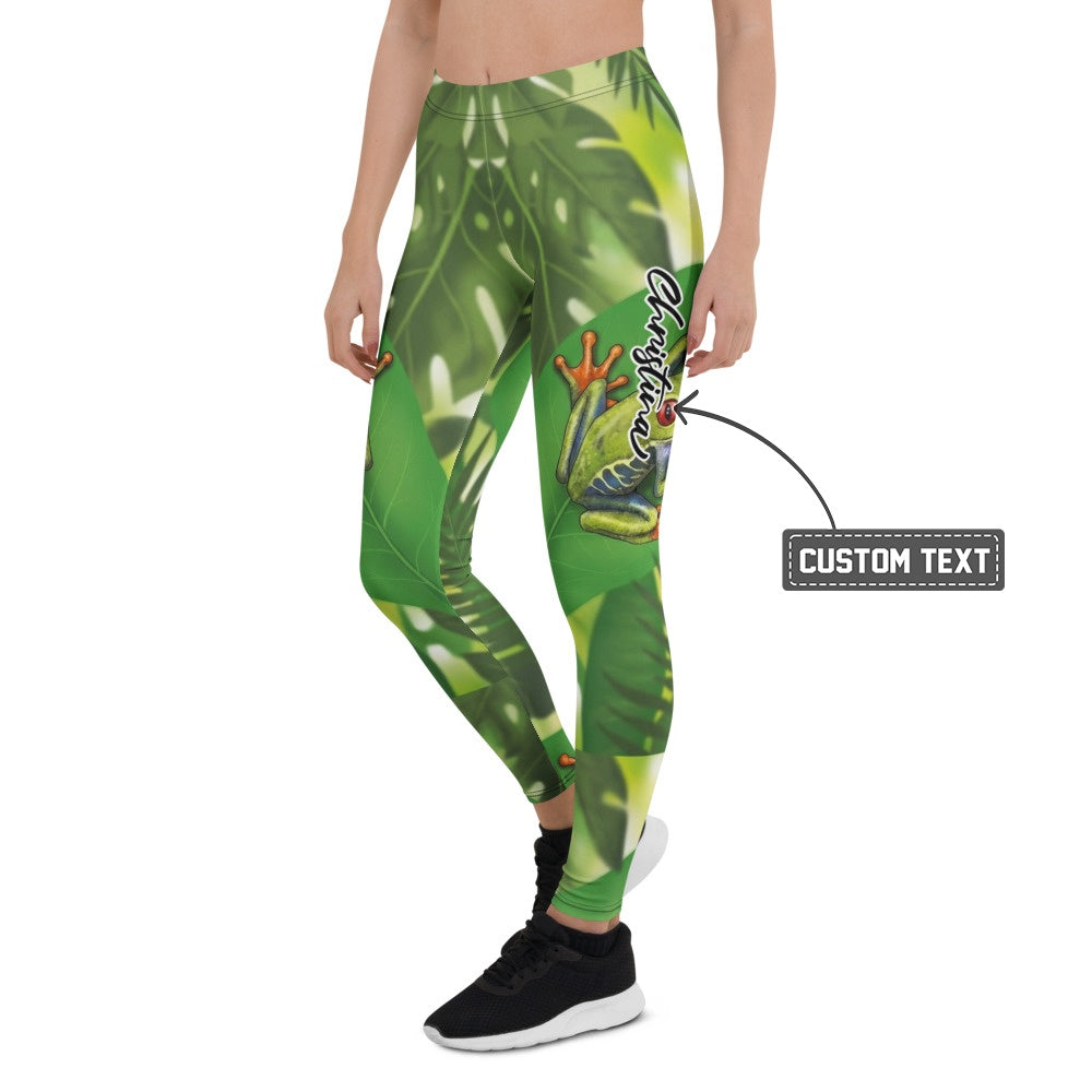Personalisierte Sportleggings Damen Dschungel Design Grün Frosch Motiv Tropische Fitness Leggings G821 - XL