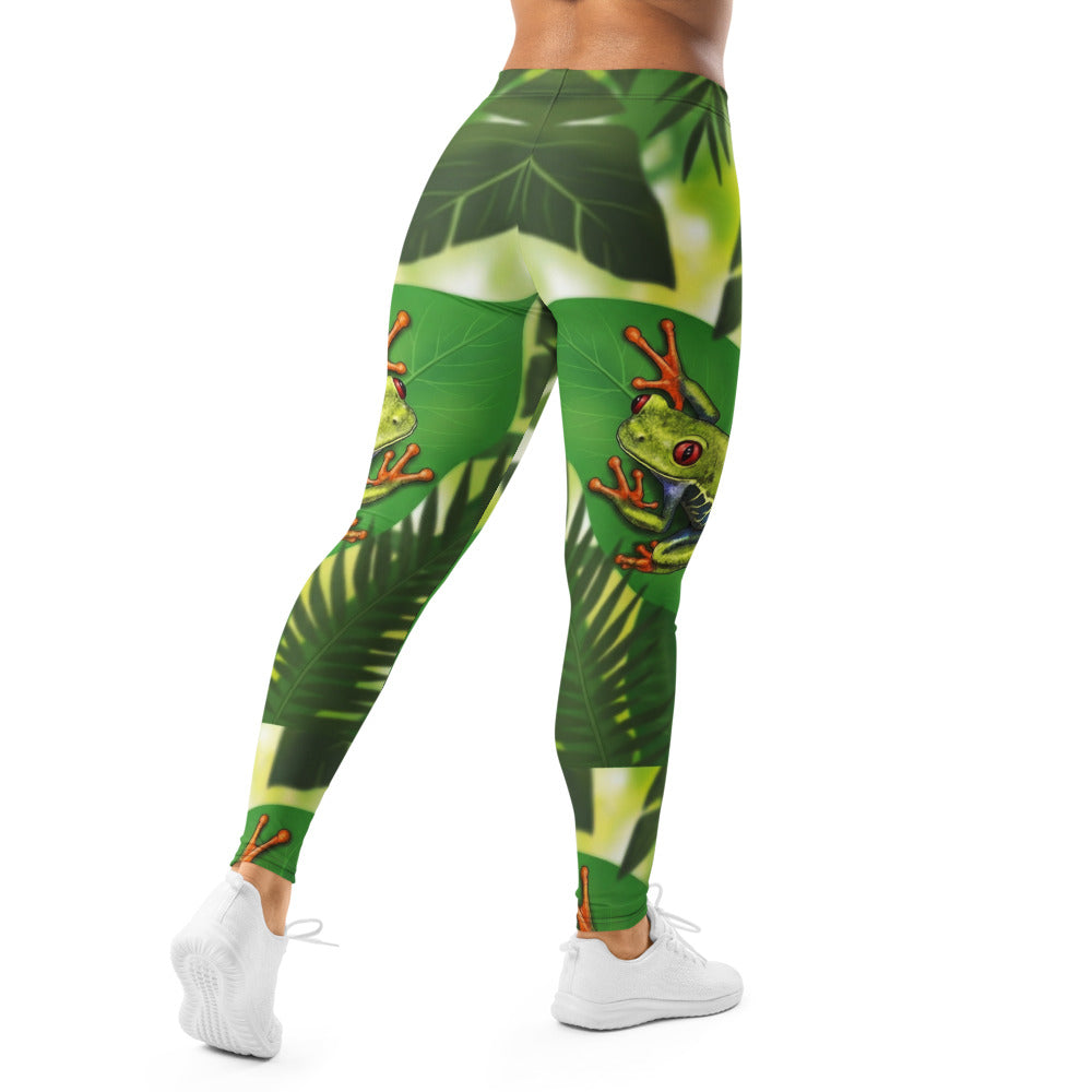 Personalisierte Sportleggings Damen Dschungel Design Grün Frosch Motiv Tropische Fitness Leggings G821