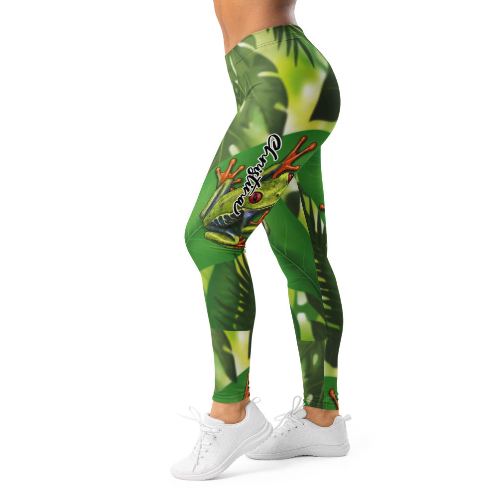 Personalisierte Sportleggings Damen Dschungel Design Grün Frosch Motiv Tropische Fitness Leggings G821