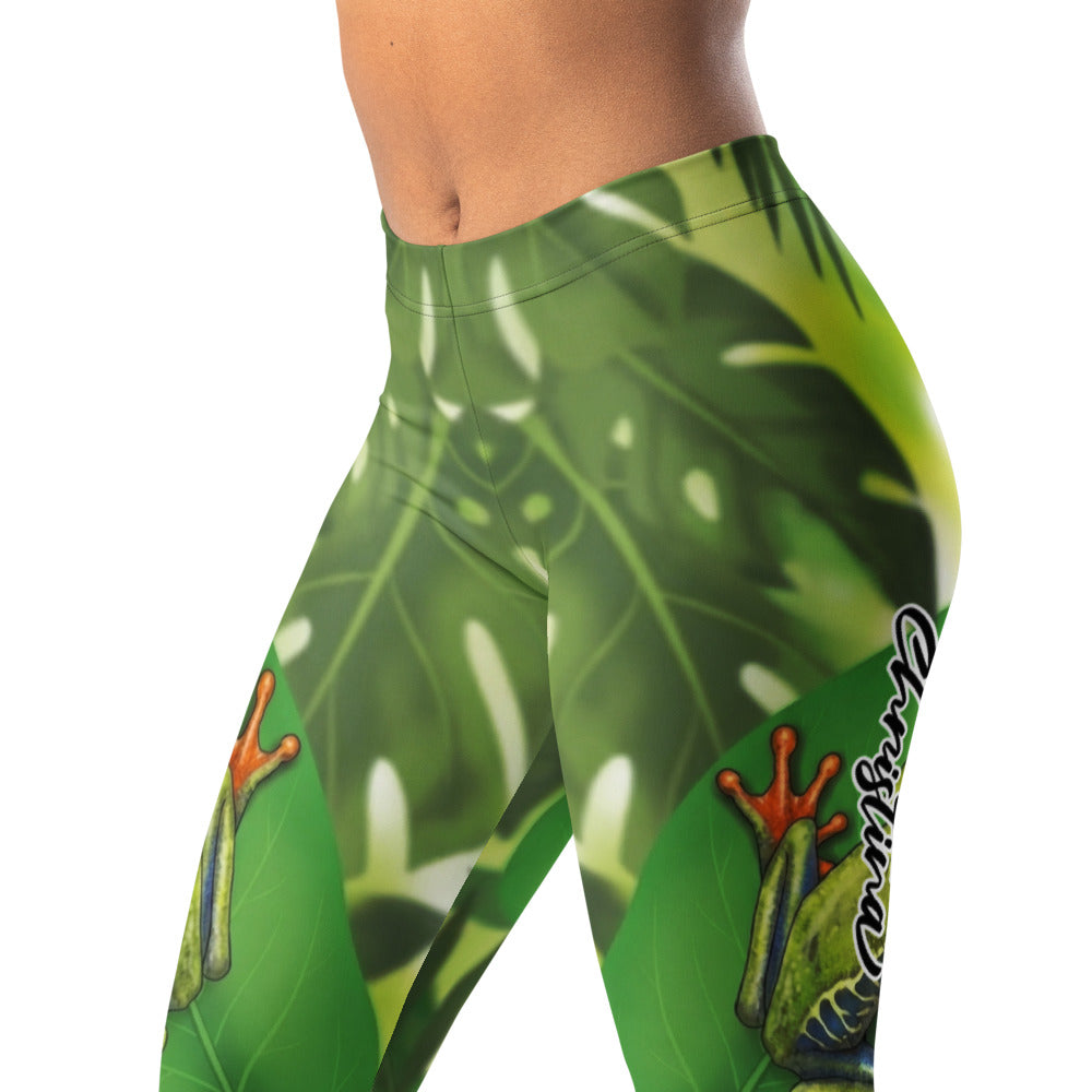 Personalisierte Sportleggings Damen Dschungel Design Grün Frosch Motiv Tropische Fitness Leggings G821