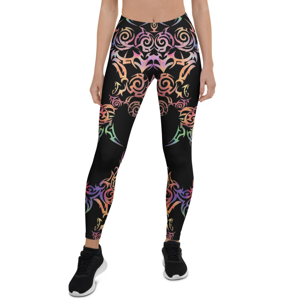 Personalisierte Damen Sportleggings Schwarz Buntes Tribal Design Yoga Fitness Leggings Ornamente V002