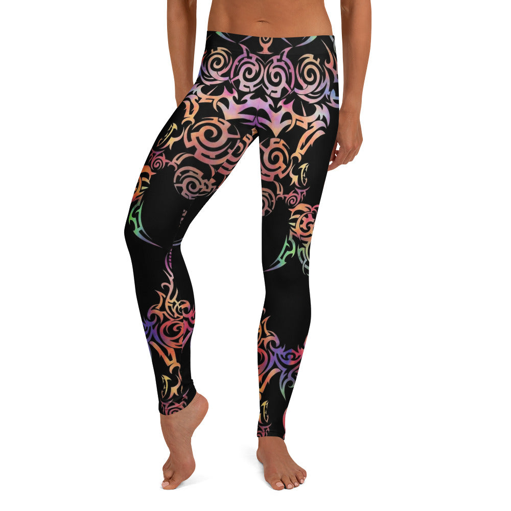 Personalisierte Damen Sportleggings Schwarz Buntes Tribal Design Yoga Fitness Leggings Ornamente V002
